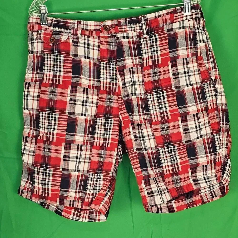 J Peterman Mens Red Madras Plaid Bermuda Shorts 34‎